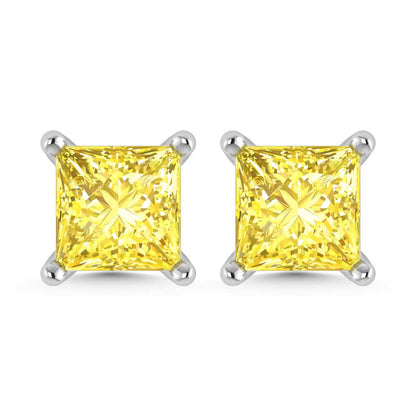 14K White Gold Lab Grown Yellow Diamond 1 1/2 Ct.Tw. Princess Stud Earrings
