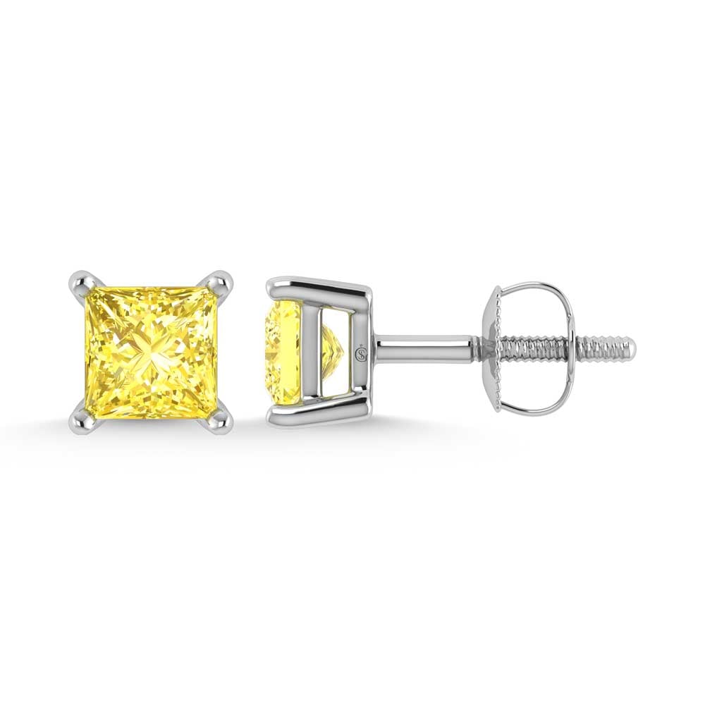 14K White Gold Lab Grown Yellow Diamond 1 1/2 Ct.Tw. Princess Stud Earrings