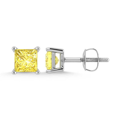 14K White Gold Lab Grown Yellow Diamond 1 1/2 Ct.Tw. Princess Stud Earrings