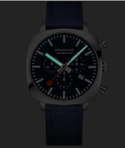 Mondaine Grand Cushion 41mm Chronograph Blue Dial Swiss Watch Set Mesh + Textile