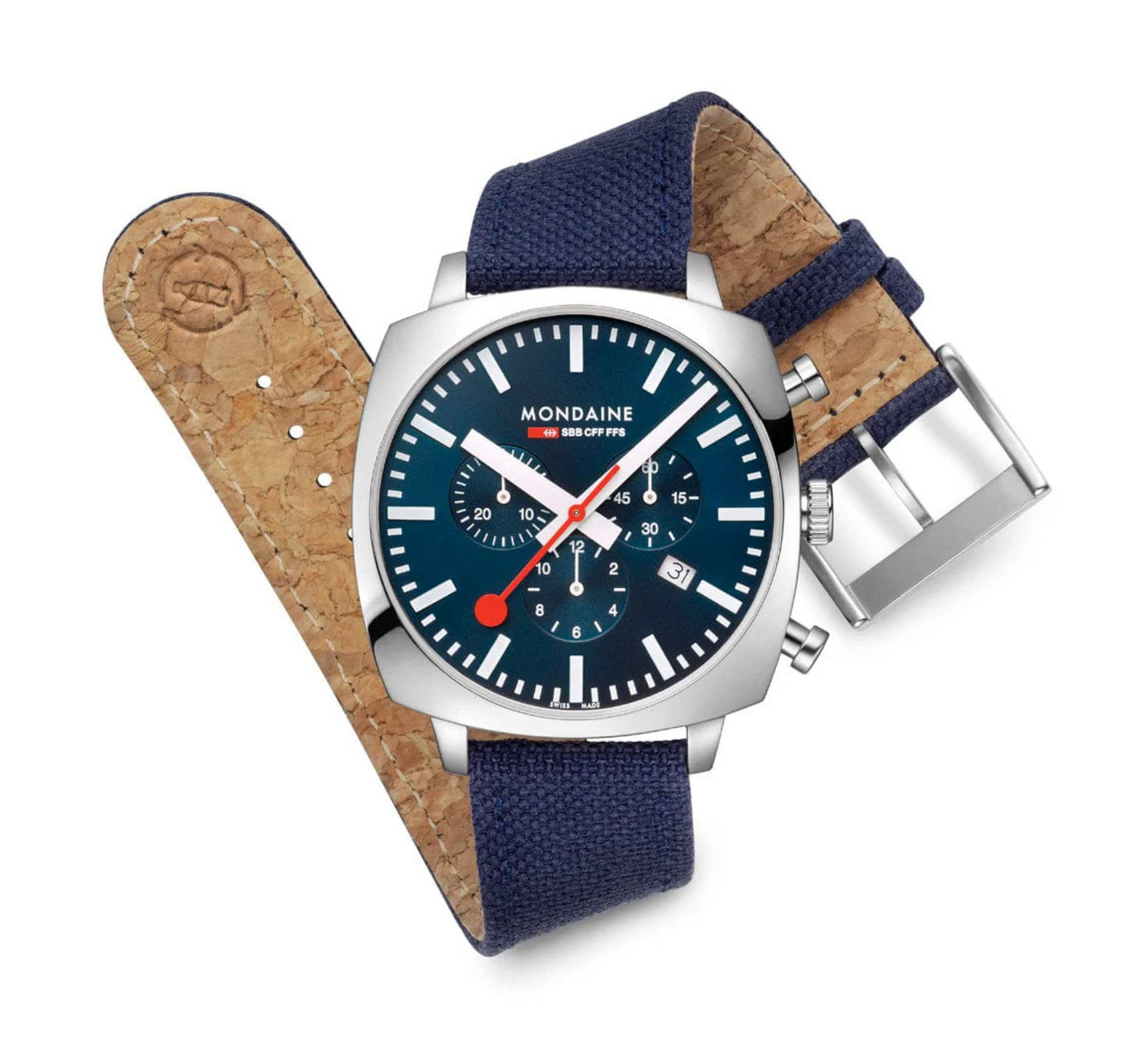 Mondaine Grand Cushion 41mm Chronograph Blue Dial Swiss Watch Set Mesh + Textile
