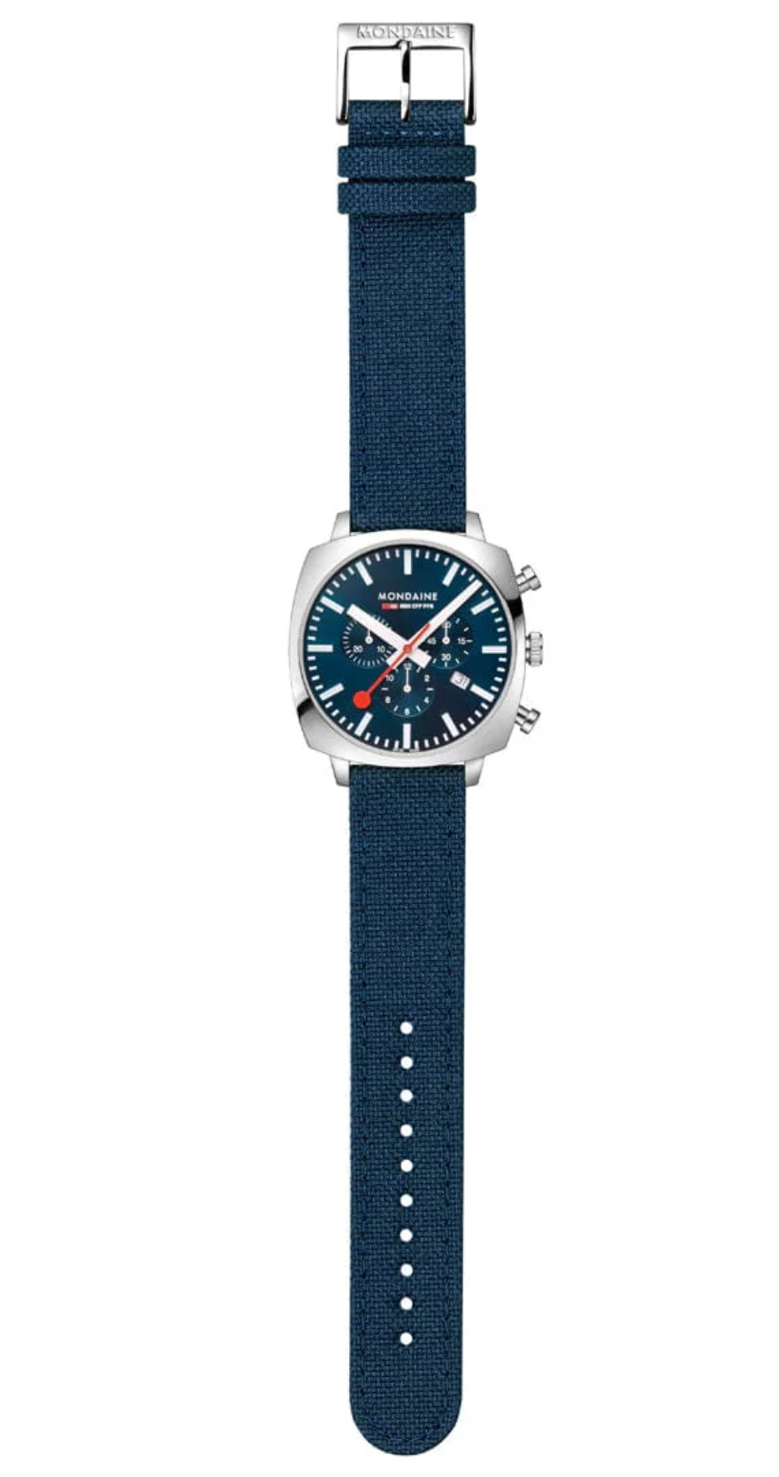 Mondaine Grand Cushion 41mm Chronograph Blue Dial Swiss Watch Set Mesh + Textile