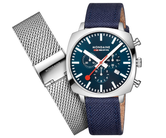 Mondaine Grand Cushion 41mm Chronograph Blue Dial Swiss Watch Set Mesh + Textile
