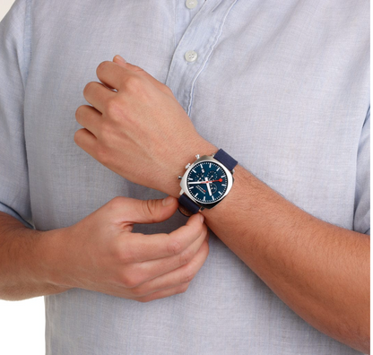 Mondaine Grand Cushion 41mm Chronograph Blue Dial Swiss Watch Set Mesh + Textile