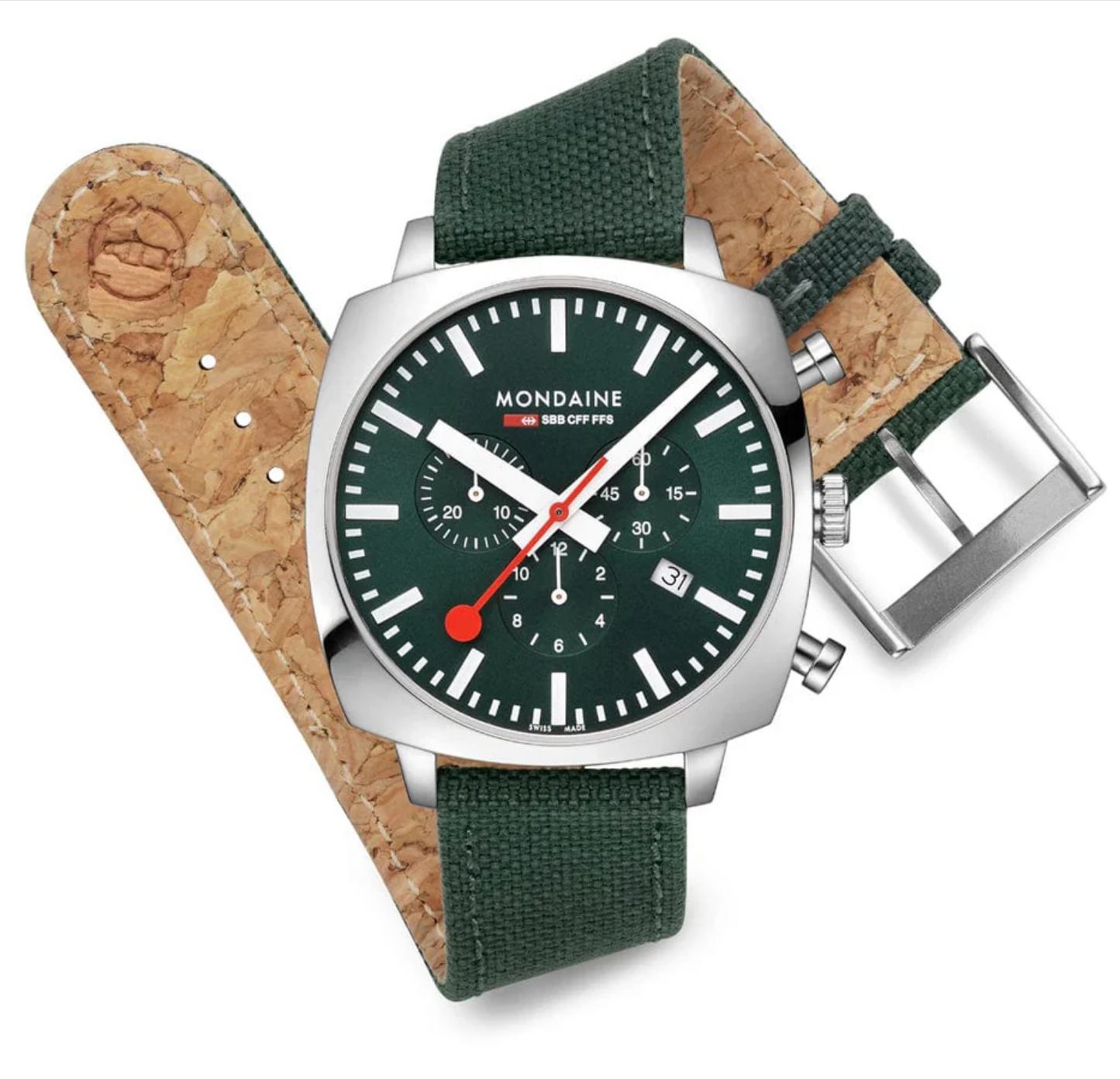 Mondaine MSL.41460.LF.SET Mens Cushion Park Green 41 mm Chronograph Swiss Watch