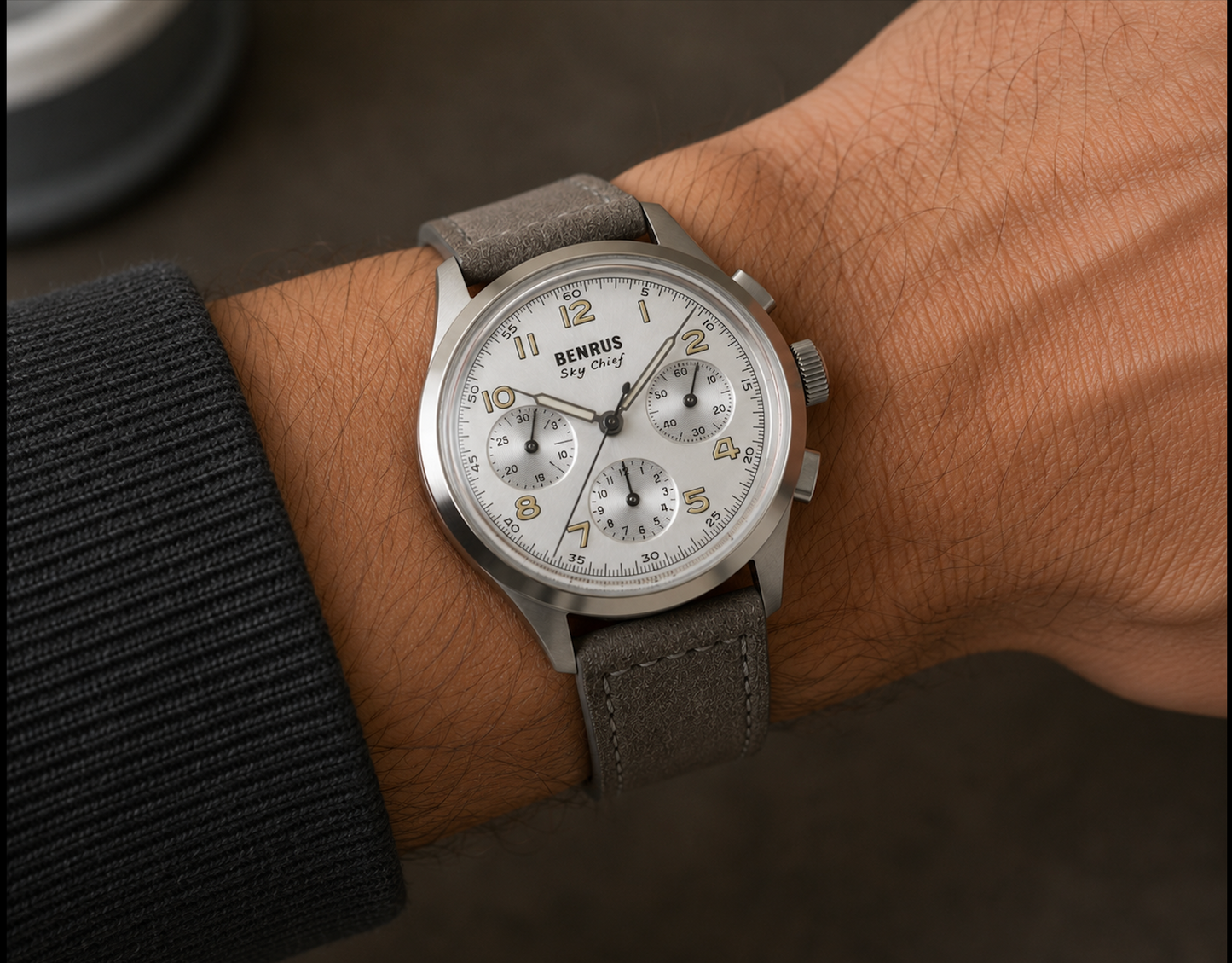 BENRUS Sky-Chief Cirrus White 36mm ETA 2894 COSC Swiss Chronograph Swiss Made Watch