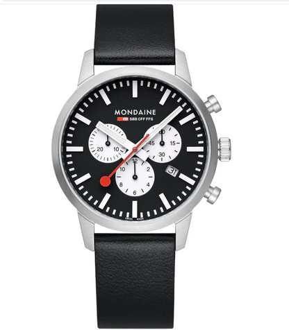 Mondaine NEO Chronograph 41mm Swiss Made Black Vegan Leather Watch MSD.41420.LBV