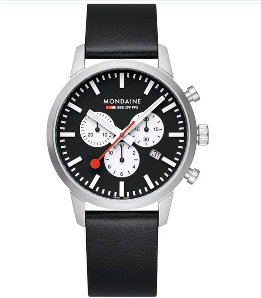 Mondaine NEO Chronograph 41mm Swiss Made Black Vegan Leather Watch MSD.41420.LBV