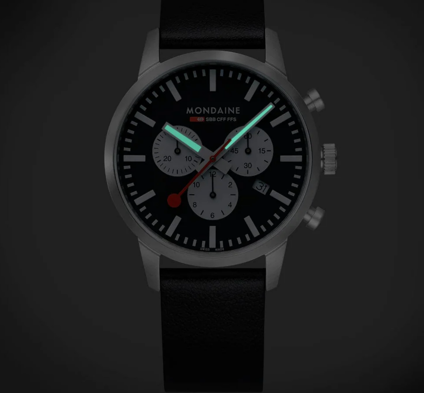 Mondaine NEO Chronograph 41mm Swiss Made Black Vegan Leather Watch MSD.41420.LBV