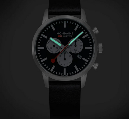 Mondaine NEO Chronograph 41mm Swiss Made Black Vegan Leather Watch MSD.41420.LBV