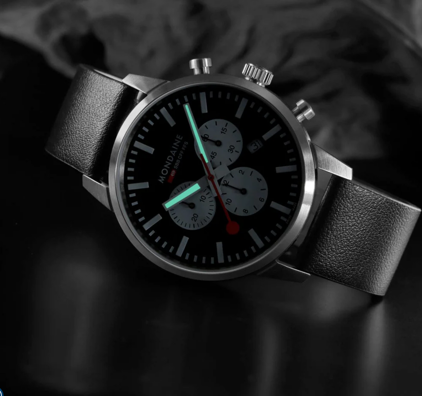 Mondaine NEO Chronograph 41mm Swiss Made Black Vegan Leather Watch MSD.41420.LBV