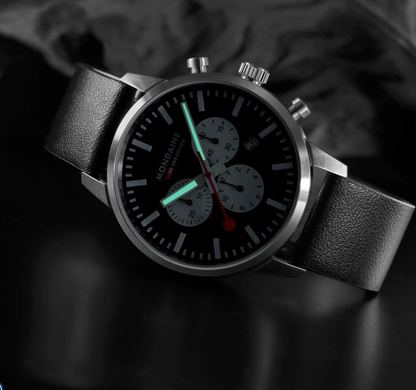 Mondaine NEO Chronograph 41mm Swiss Made Black Vegan Leather Watch MSD.41420.LBV