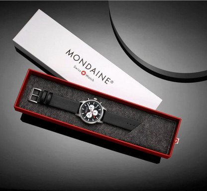 Mondaine NEO Chronograph 41mm Swiss Made Black Vegan Leather Watch MSD.41420.LBV