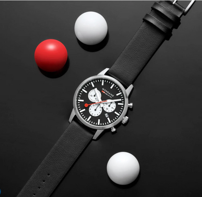 Mondaine NEO Chronograph 41mm Swiss Made Black Vegan Leather Watch MSD.41420.LBV