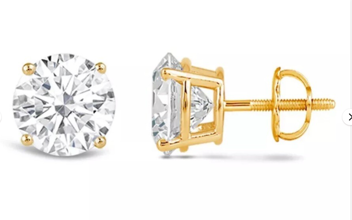 2 Ct Round Cut VS1/E Certified Lab Grown Diamond Stud Earrings 14k Solid Yellow Gold Screw Back