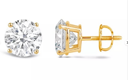 2 Ct Round Cut VS1/E Certified Lab Grown Diamond Stud Earrings 14k Solid Yellow Gold Screw Back