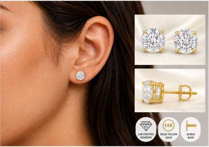 2 Ct Round Cut VS1/E Certified Lab Grown Diamond Stud Earrings 14k Solid Yellow Gold Screw Back