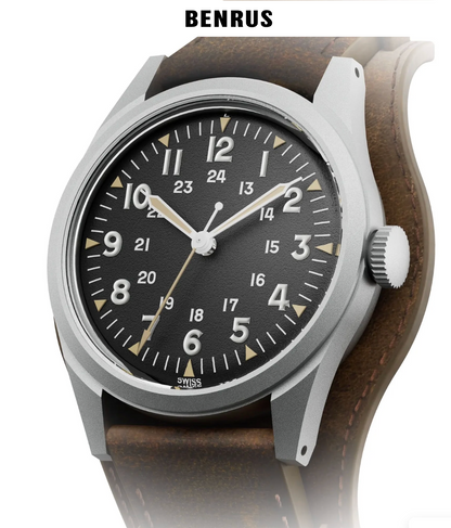 Benrus DTU-2A/P 34mm Swiss Automatic Watch Sapphire Crystal Leather & Nylon Band