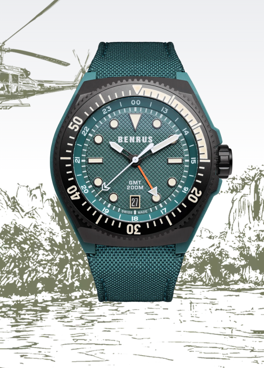 New BENRUS Type 3X Green GMT Automatic 42mm Carbon Titanium ETA 2893 Swiss Watch