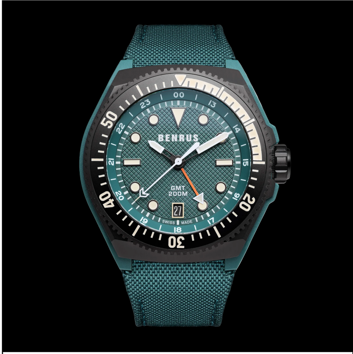 New BENRUS Type 3X Green GMT Automatic 42mm Carbon Titanium ETA 2893 Swiss Watch