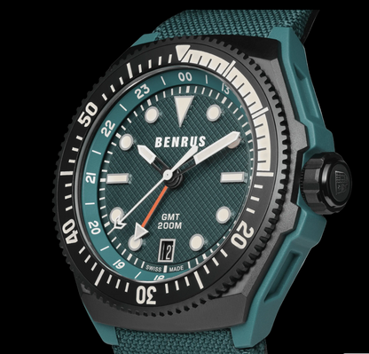 New BENRUS Type 3X Green GMT Automatic 42mm Carbon Titanium ETA 2893 Swiss Watch