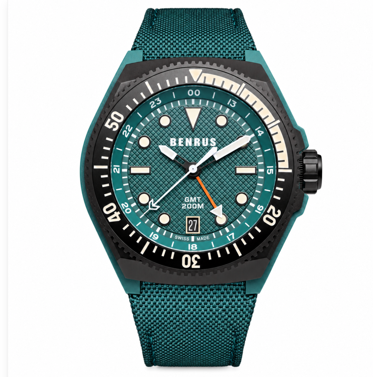 New BENRUS Type 3X Green GMT Automatic 42mm Carbon Titanium ETA 2893 Swiss Watch