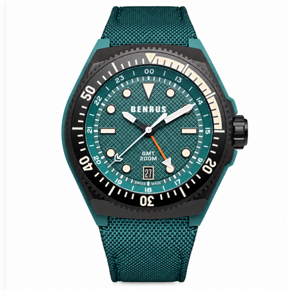 New BENRUS Type 3X Green GMT Automatic 42mm Carbon Titanium ETA 2893 Swiss Watch