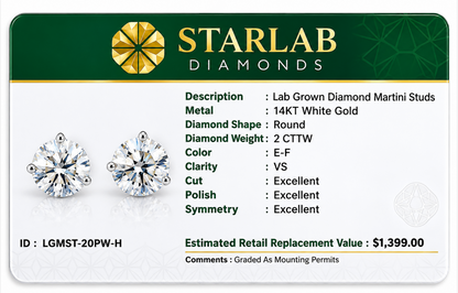 2.00 Ct Round Cut Certified VS1/E Lab Grown Diamond Martini Set Stud Earrings 14K White Gold