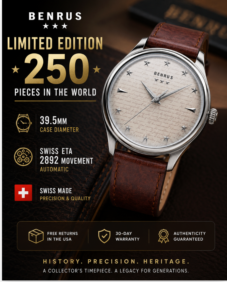 New BENRUS 250th Anniversary 39.5mm Swiss ETA 2892 Automatic Limited Edition Watch