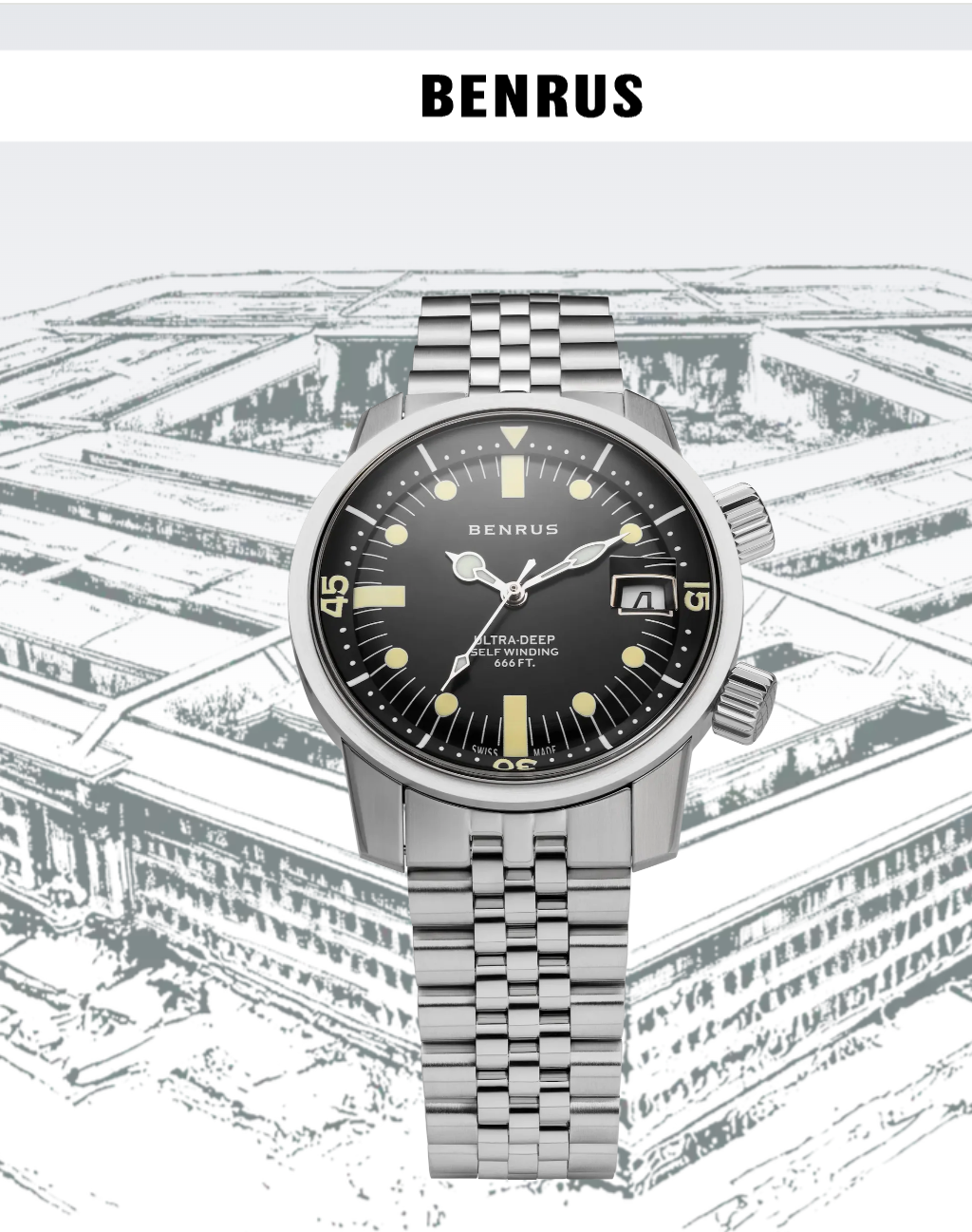 New BENRUS Ultra-Deep Automatic Dive Watch 36.5mm Black Dial Swiss Made 200M
