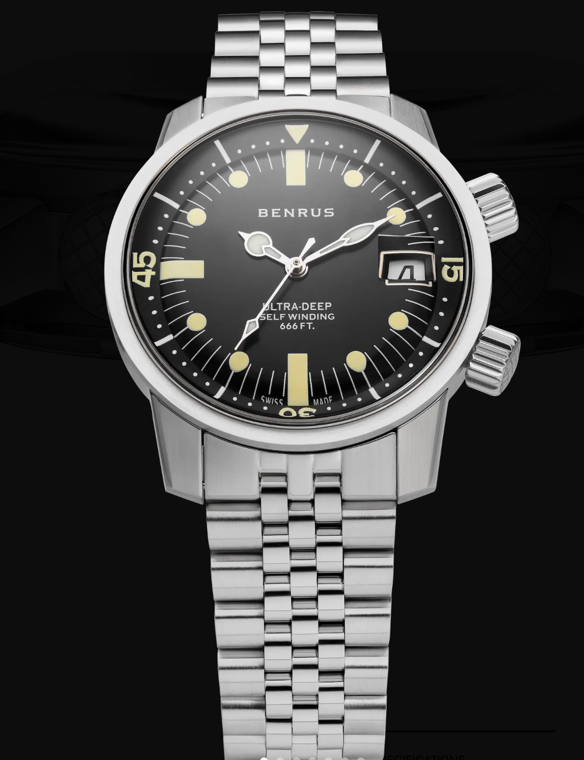 New BENRUS Ultra-Deep Automatic Dive Watch 36.5mm Black Dial Swiss Made 200M