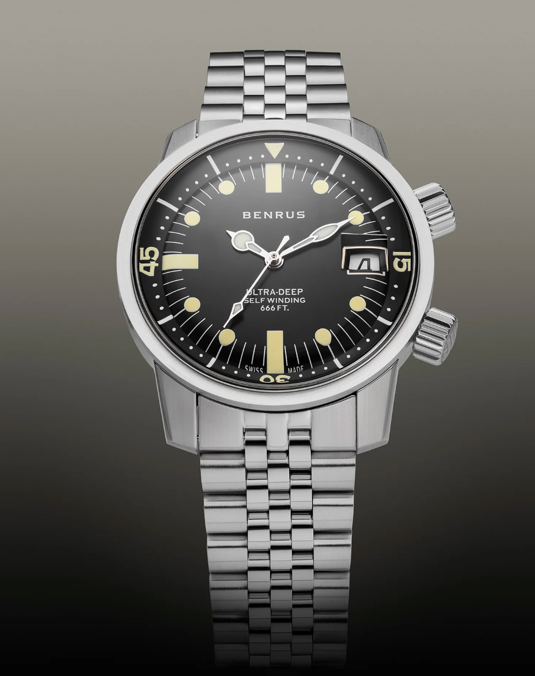 New BENRUS Ultra-Deep Automatic Dive Watch 36.5mm Black Dial Swiss Made 200M