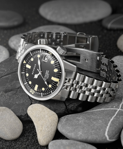 New BENRUS Ultra-Deep Automatic Dive Watch 36.5mm Black Dial Swiss Made 200M