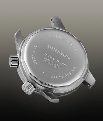 New BENRUS Ultra-Deep Automatic Dive Watch 36.5mm Black Dial Swiss Made 200M